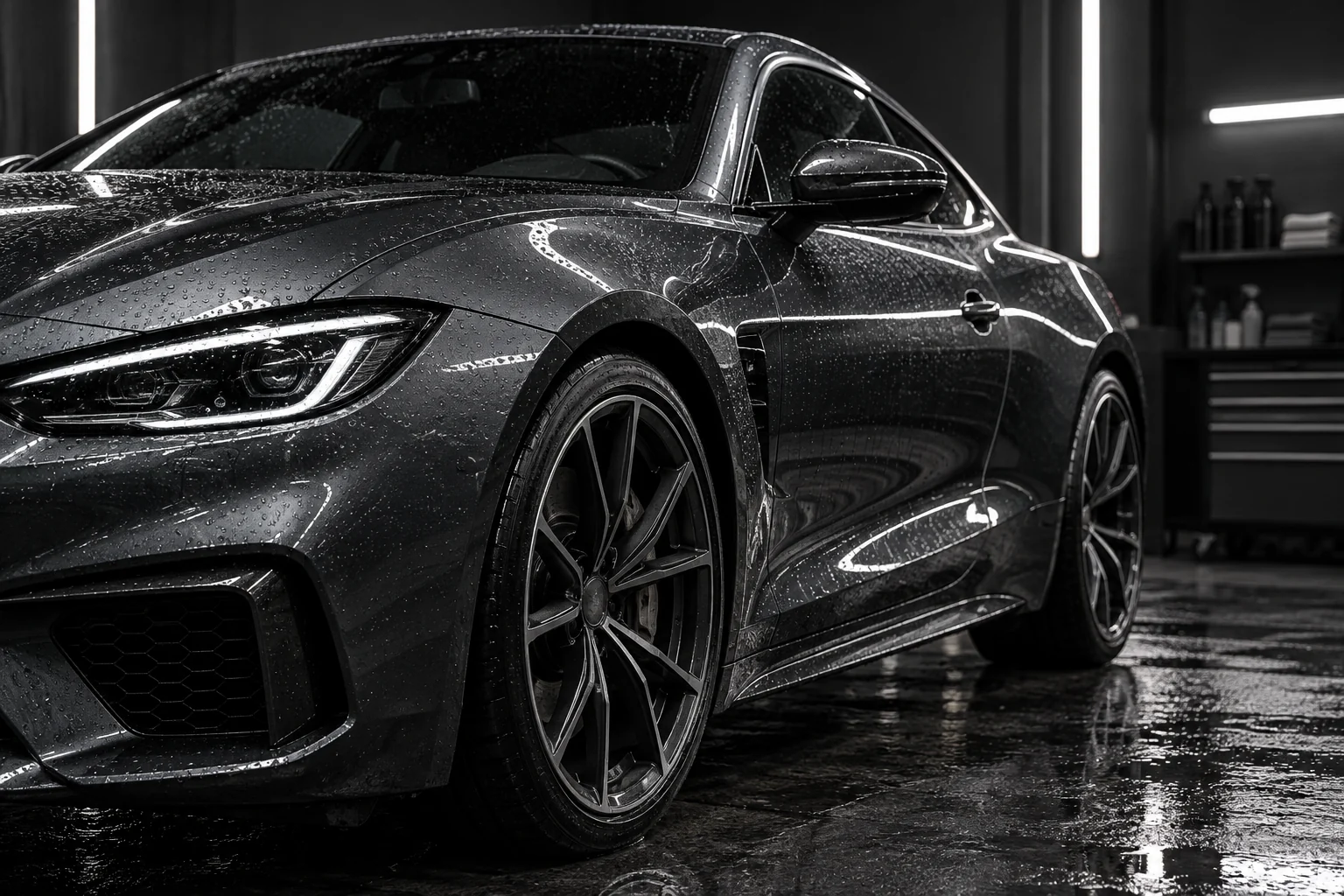 Water beading on the carefully detailed bodywork of an unbranded car