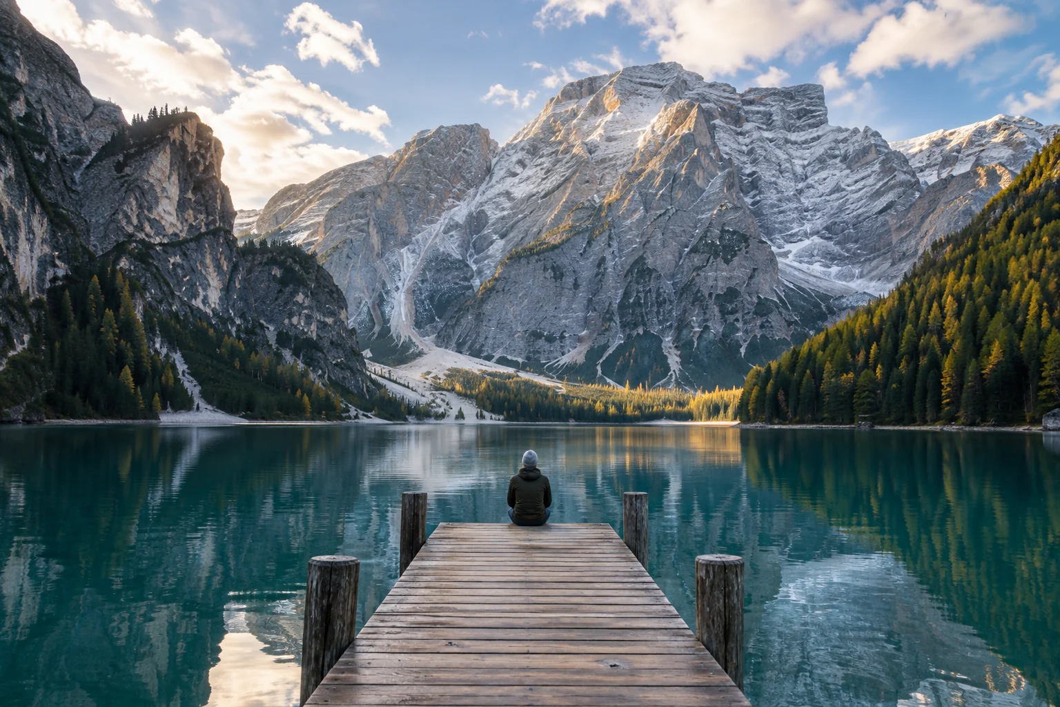 An alpine lake surrounded by mountains, with a figure on a quiet jetty