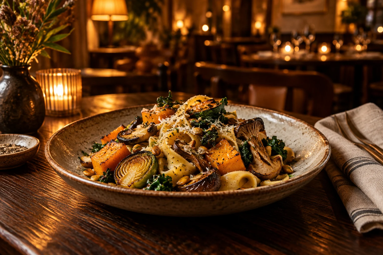 A generous plate of seasonal food on a warmly lit restaurant table