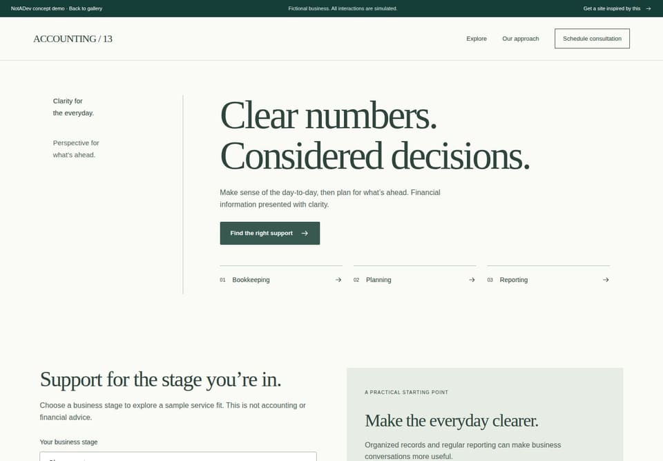 Preview of the fictional Accounting / 13 website