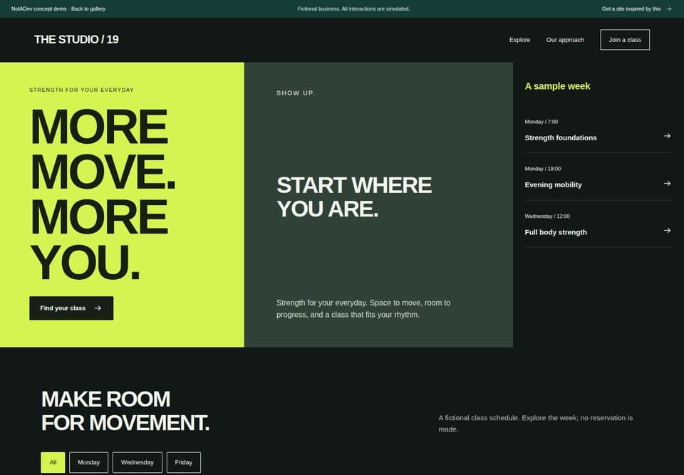 Preview of the fictional Fitness studio / 19 website