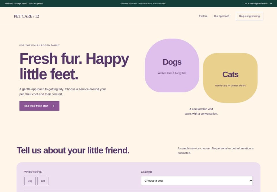 Preview of the fictional Pet grooming / 12 website