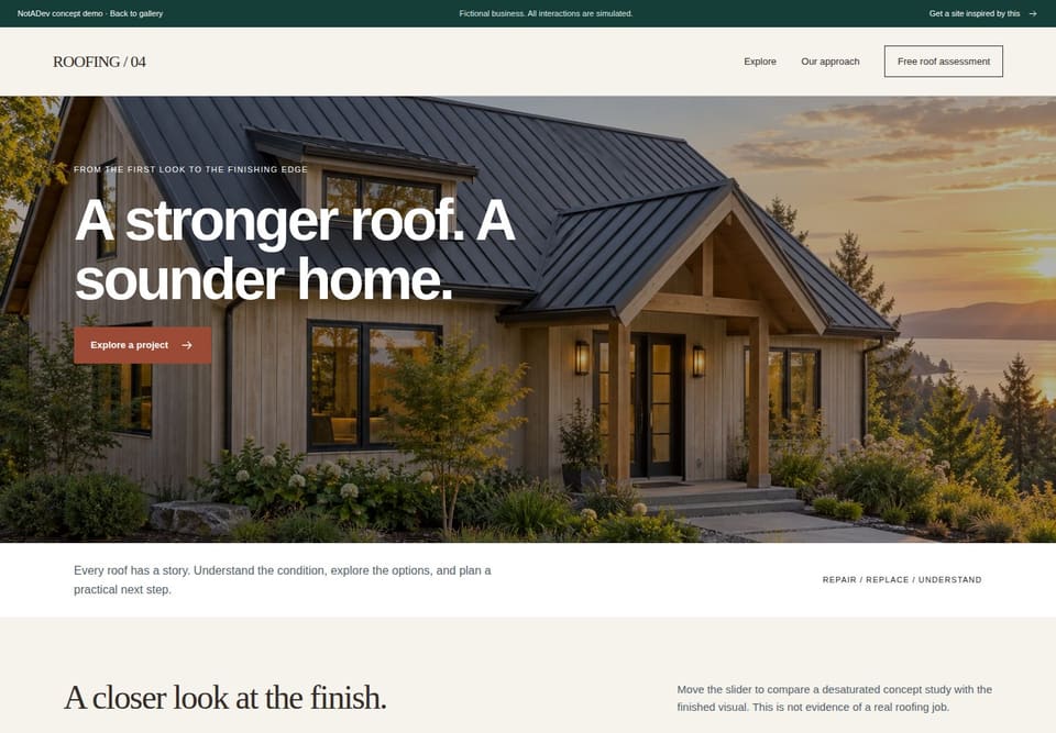 Preview of the fictional Roofing / 04 website