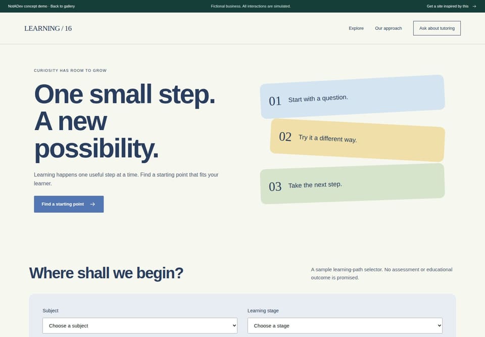 Preview of the fictional Tutoring / 16 website